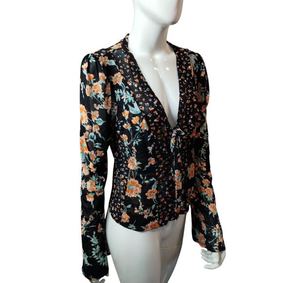 Free People Women's Size M Casa Blanca Mesh Floral Feminine Stretch Hippie Top - Picture 1 of 10